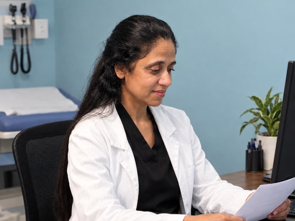 Dr. Yasmin Sarfraz, MD reviewing a patient chart in clinic
